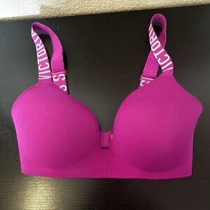 Victorias Secret T-Shirt Bra Purple Lightly Lined Wireless Size 32D Spellout